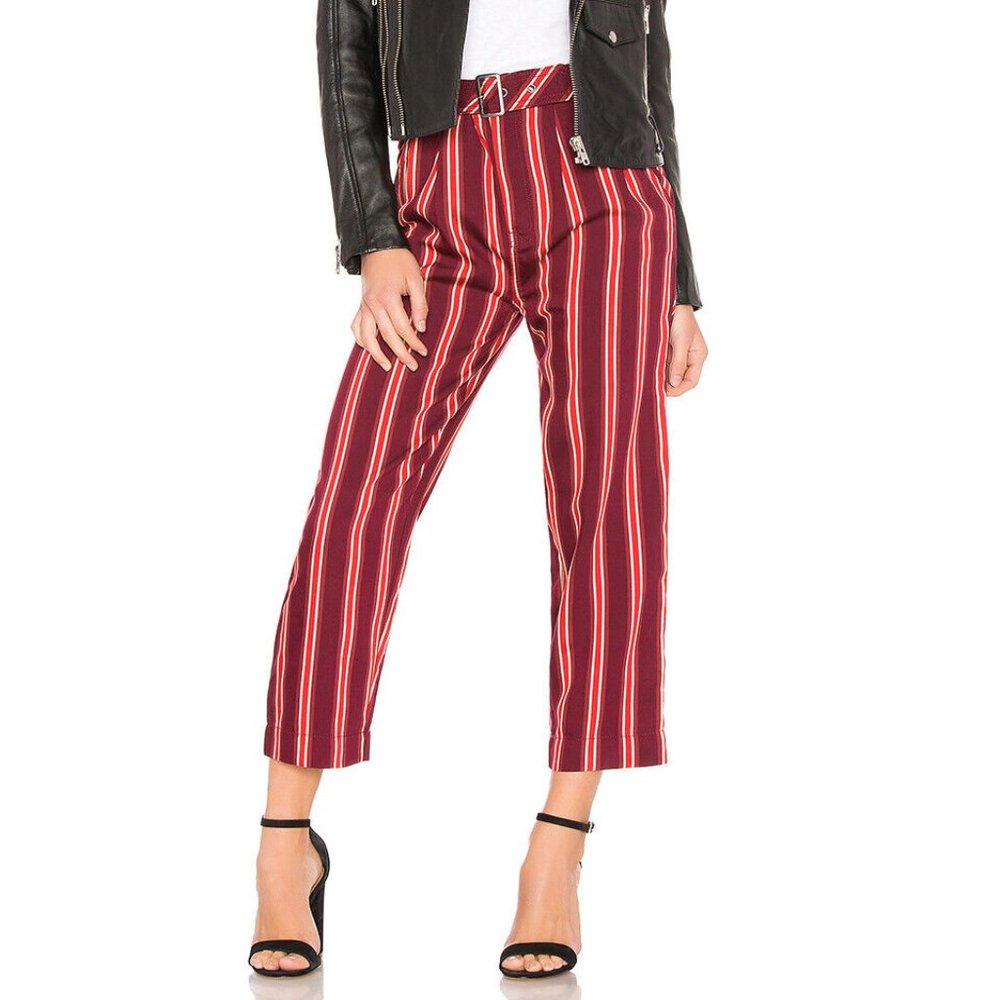 FREE PEOPLE Pants 6 SEEMED LIKE High-Rise Striped Belted Pockets Crop Red NWT